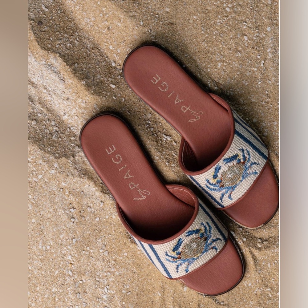 By Paige Women's Embroidered Crab Sandals in Blue and Cream NWT